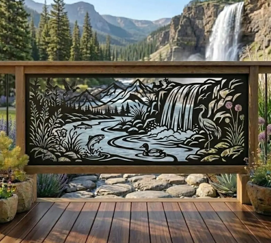 Custom Waterfall River Metal Railings, Mountain Balcony Guard Art Decor, Forest Privacy Panel Outdoor Sign